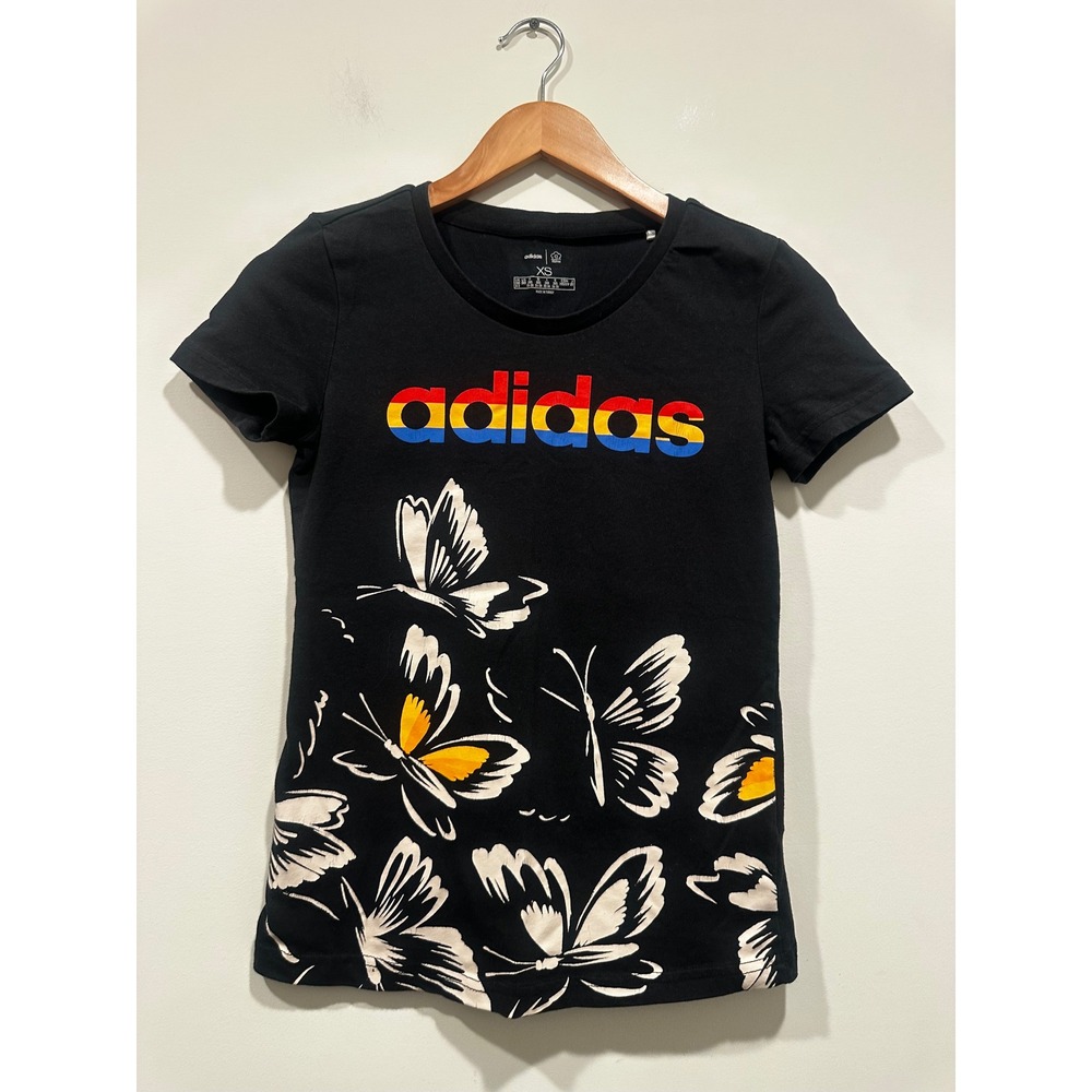 Adidas x FARM Rio Butterfly Print T-Shirt Black Womens XS Graphic Tee